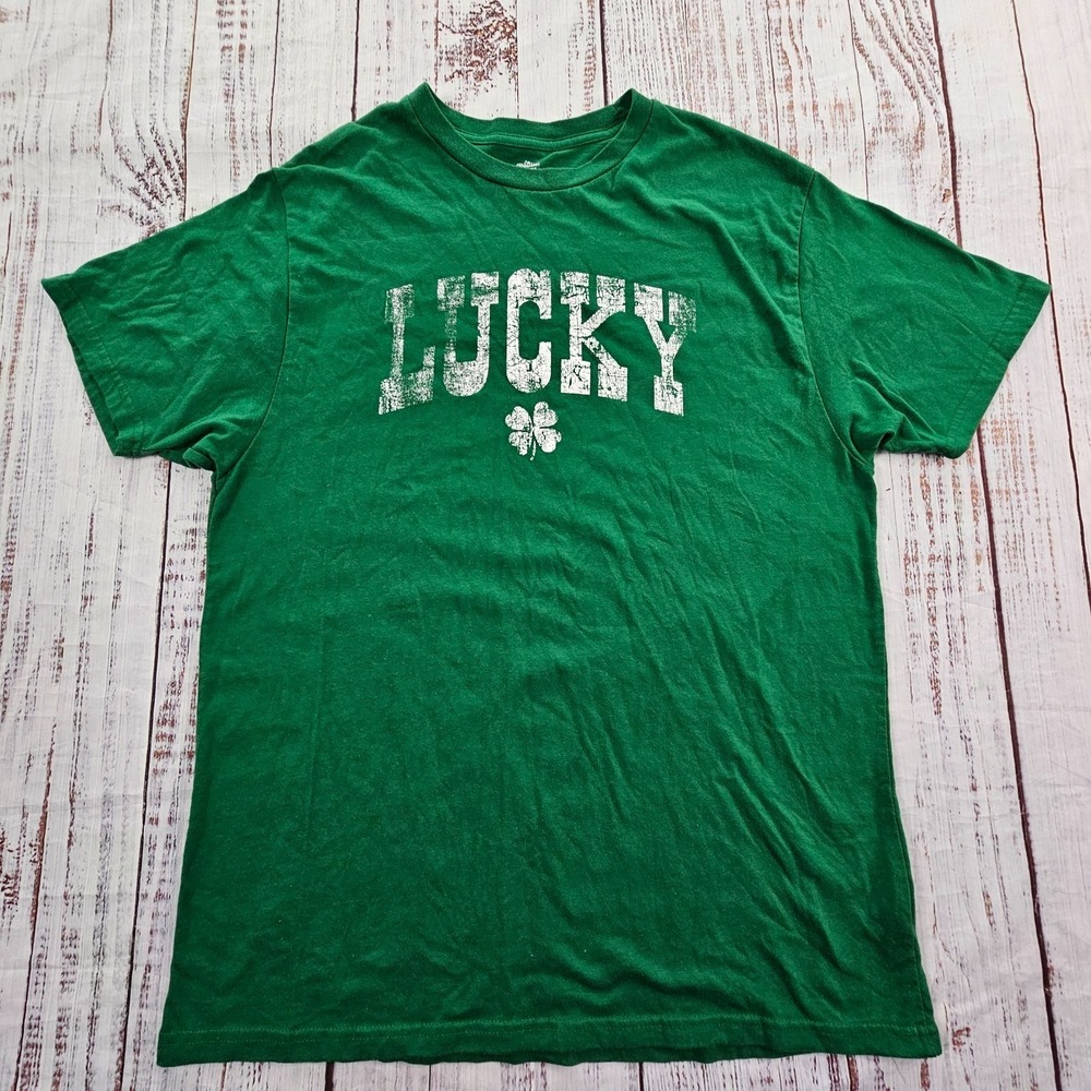 Lucky Shamrock St Patrick's Day Green Short Sleeve Cotton Blend T-Shirt Men's XL